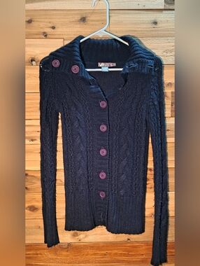 Cable Knit Button-Front Sweater By Split - Size S - Navy Blue Color